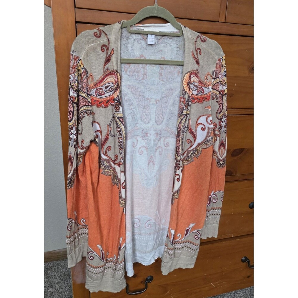 Chicos Paisley Cardigan Size 1 (Medium) Orange Brown Open Front Colorful Layer